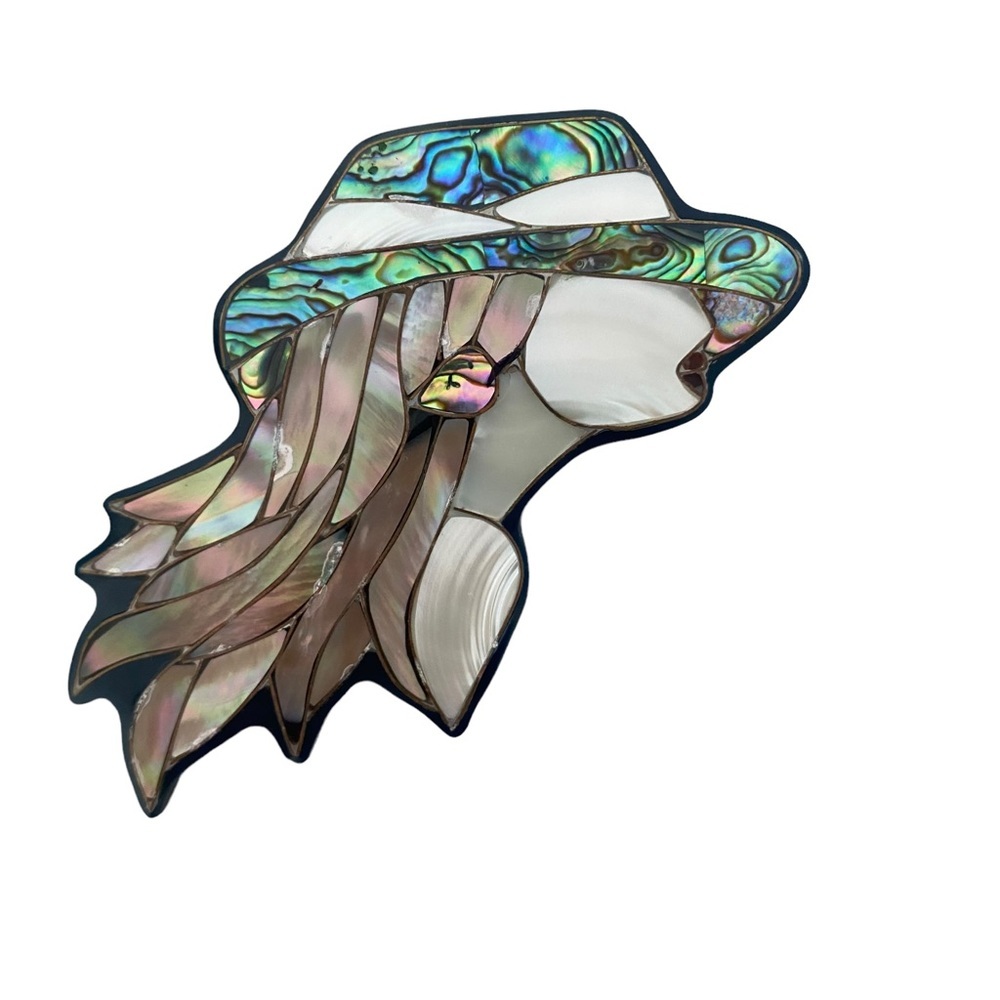 Karla Jordan Abalone MOP Pendant Brooch Inlay Pin Face Lady Vintage 3” pendant